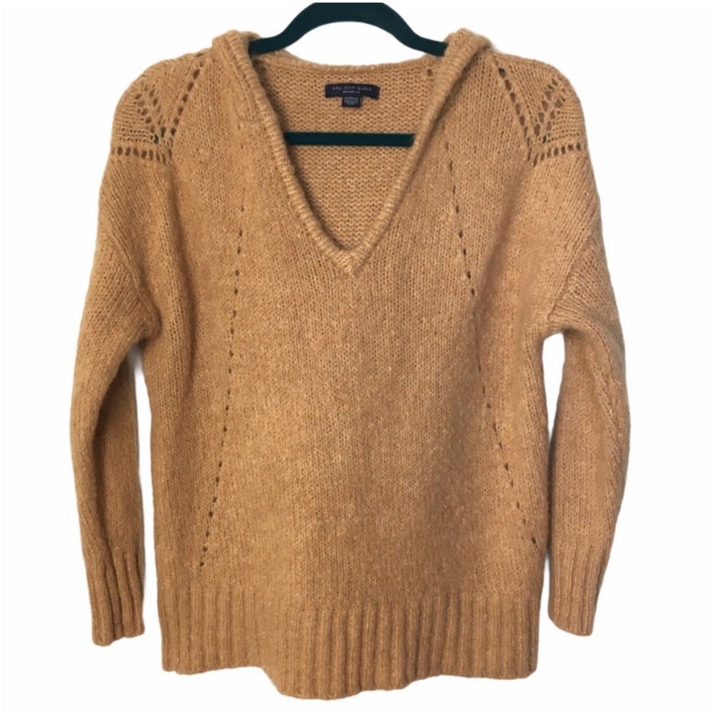 3/$30 American Eagle Camel Slouchy V Neck Hooded Knit Long Sleeve Sweater Wool